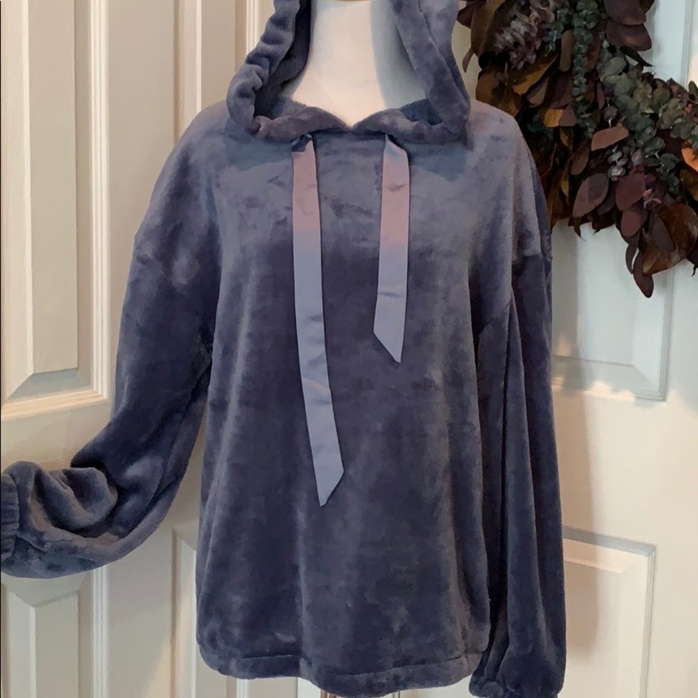 Lauren Conrad blue plush hoodie, satin ties